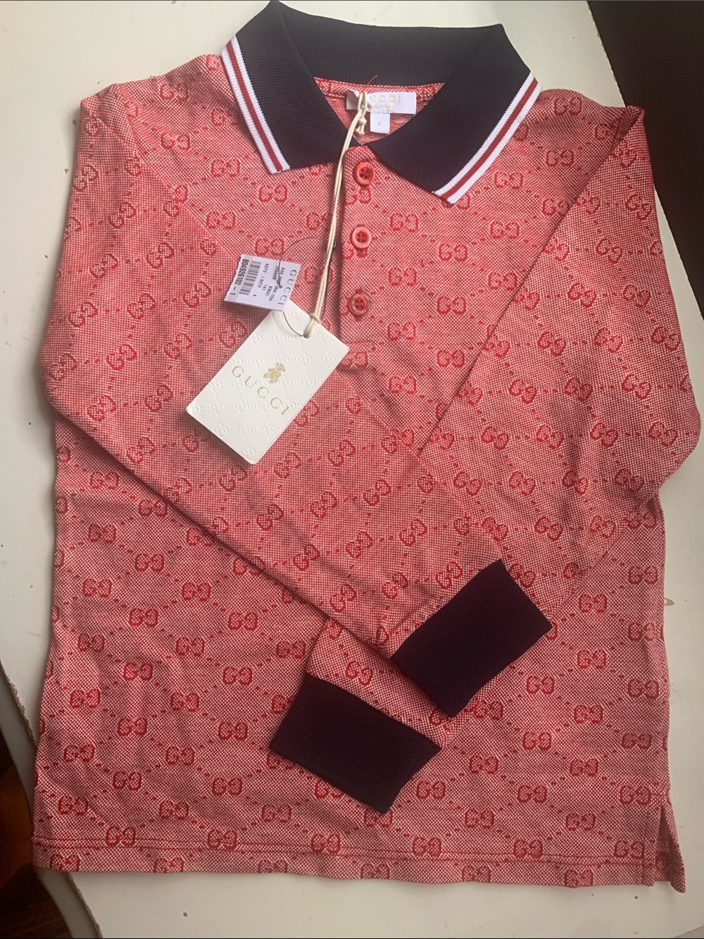 Gucci Red Monogram Long-Sleeve Polo with Dark Contrast Collar for boy or girl 4